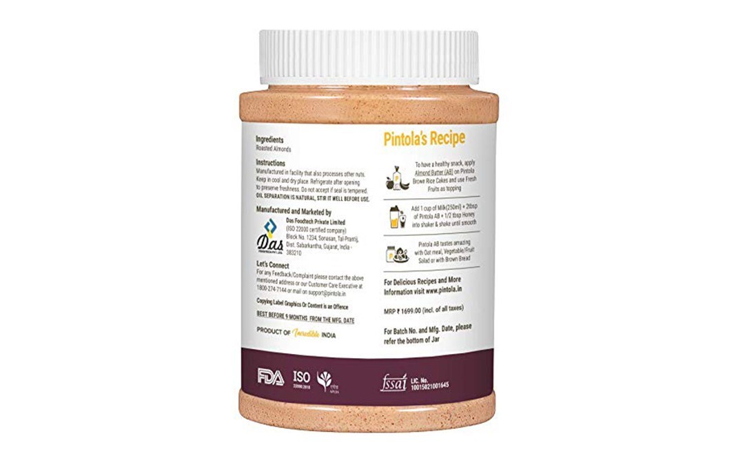 Pintola Almond Butter Creamy    Plastic Jar  1 kilogram